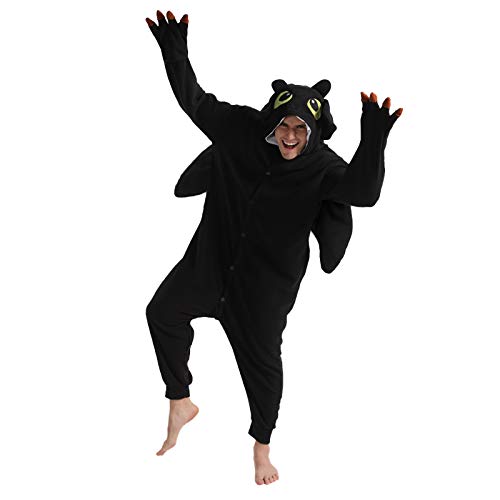 dressfan Animal Dragon Onesie Cosplay Kostüm Weihnachten Halloween Pyjama für Unisex Erwachsene Teens Schwarz & Weiß, Schwarz, XXL von dressfan