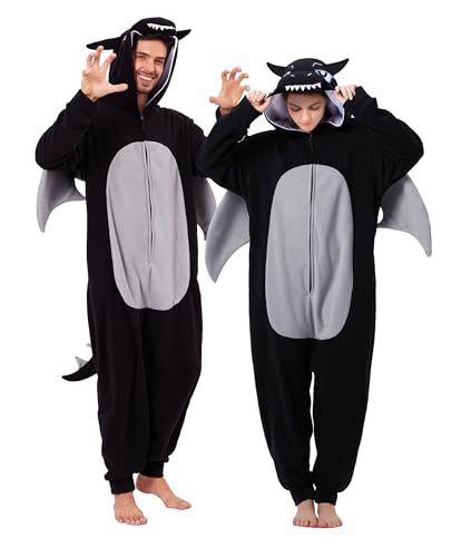 dressfan Erwachsene Drache Onesie Kostüm Strampler Pyjama Halloween Karneval Cosplay Kostüm Tier Familie Paar Pyjama Strampler für Damen und Herren,Schwarz,L von dressfan