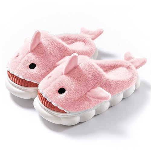 dressfan Hai Hausschuhe Plüsch,3D Tierhausschuhe Hai Slippers Pantoffeln,Leise Dicke Weiche Rutschfeste Sohle Memory Foam Home Slippers,Lustig Hausschuhe für Damen Herren,Rosa,EU 38-39 von dressfan