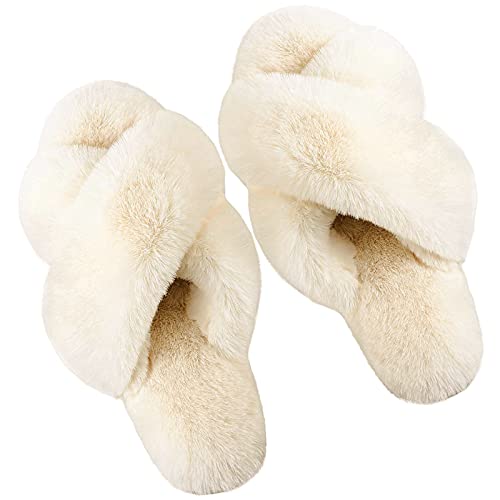 dressfan Hausschuhe Damen Plüsch Pantoffeln Offene Zeh Zuhause Schlappen Flache Warme Flauschige Kunstpelz Rutschfeste Weiche Gummisohle Winter für Indoor und Outdoor,Beige Chiaro,36-37 von dressfan