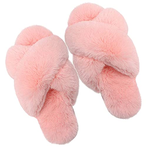 dressfan Hausschuhe Damen Plüsch Pantoffeln Offene Zeh Zuhause Schlappen Flache Warme Flauschige Kunstpelz Rutschfeste Weiche Gummisohle Winter für Indoor und Outdoor,Rosa,36-37 EU von dressfan