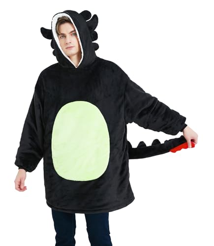 dressfan Schwarz Drache Tragbare Decke Mikrofaser & Sherpa Deckenpullover,Halloween Karneval Drache Kostüm Hoodie,Warme Weich Decke mit Ärmeln und Kapuze für Damen Herren von dressfan