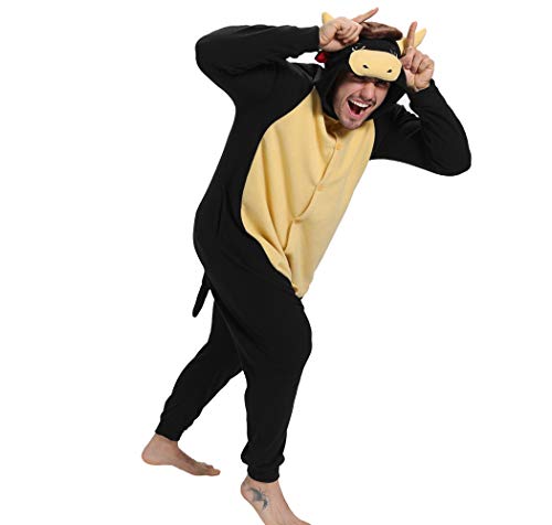 dressfan Tier Bull Kostüm Bull Jumpsuits Bull Pyjamas Cosplay Kostüm Weihnachten Halloween Schlafanzug für Unisex Erwachsene Jugendliche Kinder Schwarz M von dressfan