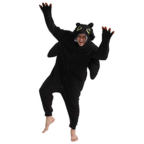 dressfan Tier Drache Kostüm Drache Jumpsuits Drache Pyjamas Cosplay Kostüm Weihnachten Halloween Schlafanzug für Unisex Erwachsene Jugendliche Kinder Schwarz (Schwarz, X- Small) von dressfan