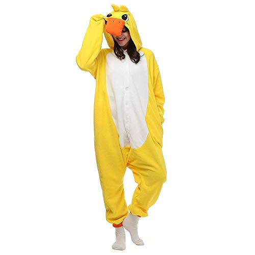 dressfan Tier Ente Kostüm Ente Jumpsuits Ente Pyjamas Cosplay Kostüm Weihnachten Halloween Schlafanzug für Unisex Erwachsene Jugendliche Kinder Gelb L von dressfan