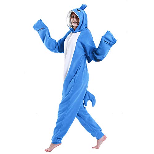 dressfan Tier Hai Kostüm Hai Jumpsuits Hai Pyjamas Cosplay Kostüm Weihnachten Halloween Schlafanzug für Unisex Erwachsene Jugendliche Kinder Dunkelblau S von dressfan