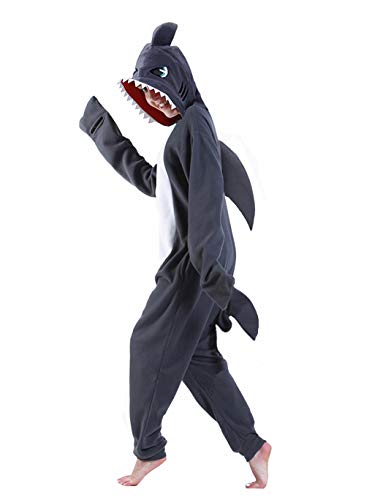 dressfan Tier Hai Kostüm Hai Jumpsuits Hai Pyjamas Cosplay Kostüm Weihnachten Halloween Schlafanzug für Unisex Erwachsene Jugendliche,Grau XS von dressfan