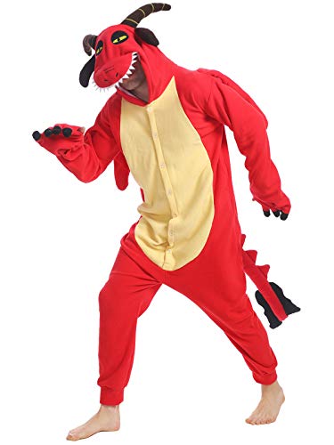 dressfan Unisex Drache Kostüm Tier Jumpsuits Onesie Pyjamas Schlafanzug Cosplay Kostüm Rot Karneval Halloween Kostüm für Damen& Herren,L von dressfan