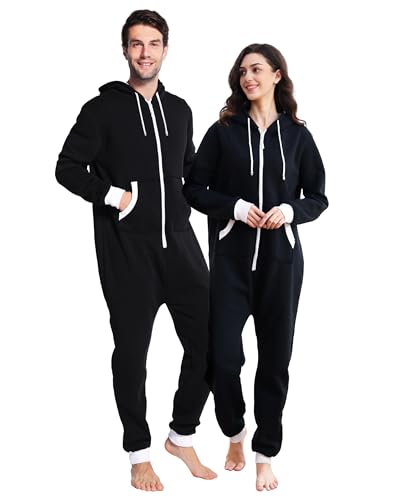 dressfan Unisex Erwachsene Pyjama Schlafanzüge Kapuze Schwarz Onesie Nachtwäsche Thermo Jumpsuit Weihnachten Pyjama für Familie Paare Teenager,XXL von dressfan