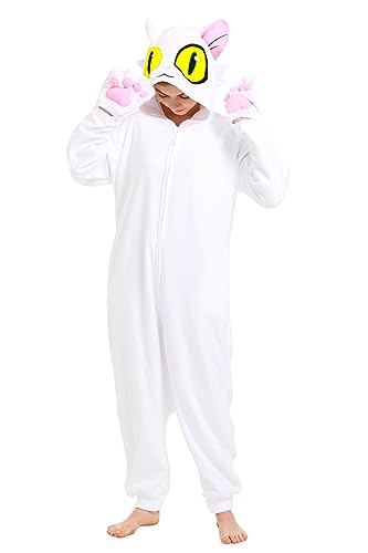 dressfan Unisex Katze Onesie Pyjama Kostüm Jumpsuits Weiße Katze Pyjamas Schlafanzug Kawaii Daijin Neko Halloween Karneval Cosplay Kostüm für Erwachsene Jugendliche,Weiße,XL von dressfan