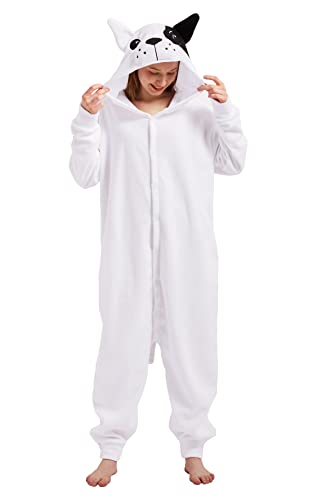 dressfan Unisex Weiße Bulldogge Onesie Pyjama Kostüm Jumpsuits Weihnachten Pyjamas Schlafanzug Karneval & Fasching & Halloween Cosplay Kostüm für Erwachsene Jugendliche,S von dressfan