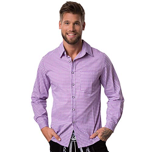 dressforfun Trachtenhemd Herren, Hemd Herren weiß lila kariert, Herrenhemden Langarm mit Knopfleiste & Brusttasche, Herrenhemd, Trachtenshirt, Oktoberfest-Kleidung (S | Nr. 303025) von dressforfun