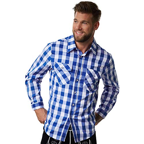 dressforfun 900609 Herren Trachtenhemd, Langarmhemd mit Knopfleiste & Brusttaschen, blau weiß kariert - diverse Größen - (L | Nr. 303032) von dressforfun