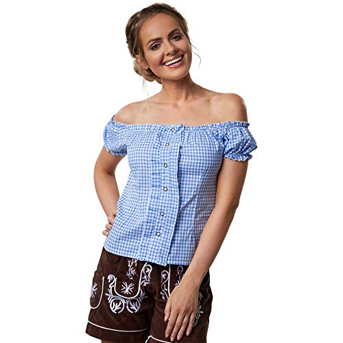 dressforfun 900618 Trachtenbluse mit Carmen Ausschnitt und Knopfleiste, Kurzarm, weiß blau kariert - Diverse Größen - (S | Nr. 303105) von dressforfun