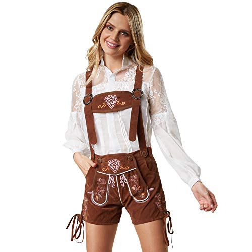dressforfun 900802 Damen Lederhose mit Träger in klassischer Trachtenform, farbenprächtige, feine Stickereien, braun - diverse Größen - (L| Nr. 302812) von dressforfun
