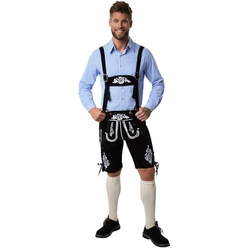 dressforfun 900814 Männer Lederhose mit Träger, Hose in klassischer Trachtenform, schwarz, mit weißen Stickereien (XXL| Nr. 302834) von dressforfun