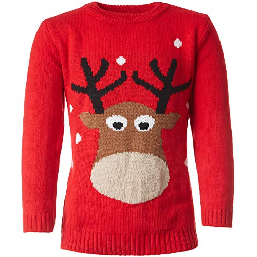 dressforfun 900824 Kinder Weihnachtspullover mit Rentier Motiv und Schneeflocken, rot - Diverse Größen - (152 | Nr. 303329) von dressforfun