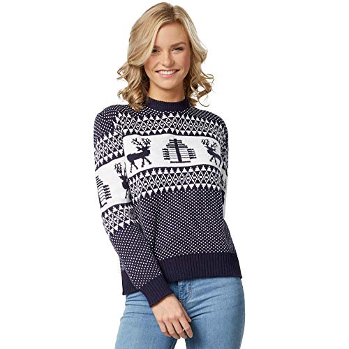 dressforfun 900829 Damen Weihnachtspullover, mit Eisblumen, Rentieren und Schneeflocken, blau weiß - Diverse Größen - (L | Nr. 303352) von dressforfun