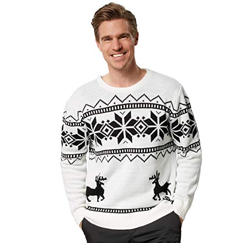 dressforfun 900832 Männer Weihnachtspullover, Strickpullover mit Rentieren und Schneeflocken, weiß - Diverse Größen - (S | Nr. 303365) von dressforfun