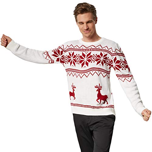 dressforfun 900833 Männer Weihnachtspullover, Strickpullover mit Rentieren und Schneeflocken, weiß rot - Diverse Größen - (L | Nr. 303372) von dressforfun