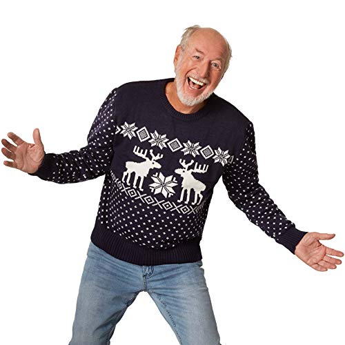 dressforfun 900835 Männer Weihnachtspullover, Strickpullover mit Rentieren und Schneeflocken, blau weiß - Diverse Größen - (L | Nr. 303382) von dressforfun