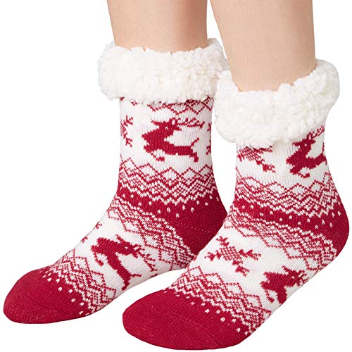 dressforfun 900850 Unisex Weihnachts Kuschelsocken mit Rentiermotiv, dick gefüttert & Plüschrand, rot weiß - diverse Größen - ((47-50 | Nr. 303510)) von dressforfun