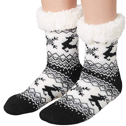 dressforfun 900851 Unisex Weihnachts Kuschelsocken mit Rentiermotiv, dick gefüttert & Plüschrand, schwarz weiß - diverse Größen - (47-50 | Nr. 303485) von dressforfun