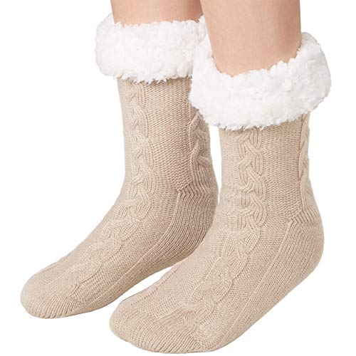 dressforfun 900854 Unisex Weihnachts Kuschelsocken mit Muster, dick gefüttert & Plüschrand, beige - diverse Größen - (39-42 | Nr. 303495) von dressforfun