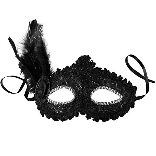 dressforfun 900888 Venezianische Maske mit seitlicher Feder für Damen, Augenmaske mit Stoffmuster, Zierborte und Strass für Ball Fasching Karneval Halloween - diverse Farben - (schwarz | Nr. 303549) von dressforfun