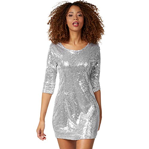 dressforfun 900892 Kurzes Damen Pailletten Glitzer Kleid, Langarm, Trägerkleid (S | Silber) von dressforfun