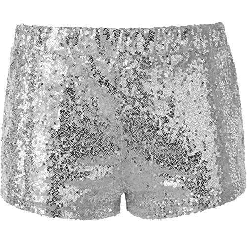 dressforfun 900996 Damen Pailletten Glitzer Shorts, sexy Kurze Hose Shorts, Silber (L | Nr. 303893) von dressforfun