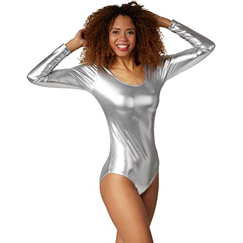 dressforfun Bodys für Damen, Body Damen Langarm, Longsleeve Damen, Top, Metallic Oberteil Damen, Kostüme für Sport, Tanz, Disco Kostüm Damen, Faschingskostüm Damen, Festival Outfit Damen - Silber, L von dressforfun