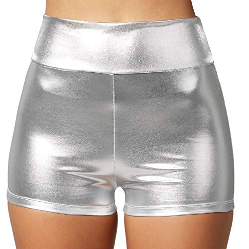 dressforfun 901007 Damen Metallic Hotpants, glänzende Shorts mit hoher Taille, eng anliegende Kurze Hose für Tanz Sport Disco Kostüm Fasching Karneval - Diverse Größen - (L | Silber | Nr. 303574) von dressforfun