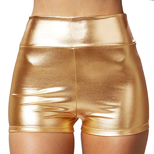 dressforfun 901007 Damen Metallic Hotpants, glänzende Shorts mit hoher Taille, eng anliegende Kurze Hose für Tanz Sport Disco Kostüm Fasching Karneval - Diverse Größen - (M | Gold | Nr. 303568) von dressforfun