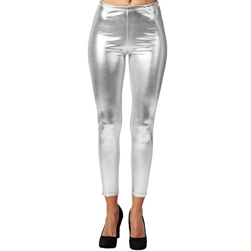 dressforfun 901008 Damen Metallic Leggings, glänzende Hose mit hoher Taille, Shiny Leggings im Wet Look für Party Tanz Disco Kostüm Fasching Karneval - Diverse Größen - (L | Silber | Nr. 303599) von dressforfun