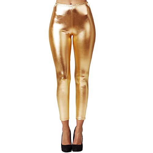 dressforfun 901008 Damen Metallic Leggings, glänzende Hose mit hoher Taille, Shiny Leggings im Wet Look für Party Tanz Disco Kostüm Fasching Karneval - Diverse Größen - (XL | Gold | Nr. 303595) von dressforfun