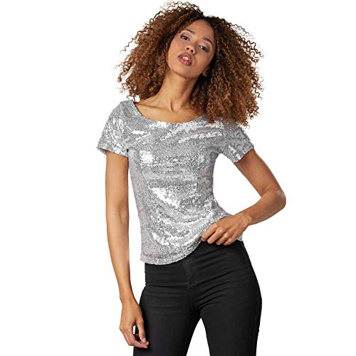 dressforfun 901013 Damen Pailletten Top, Glitzer Kurzarm Oberteil, Silber - Diverse Größen - (XXL) von dressforfun