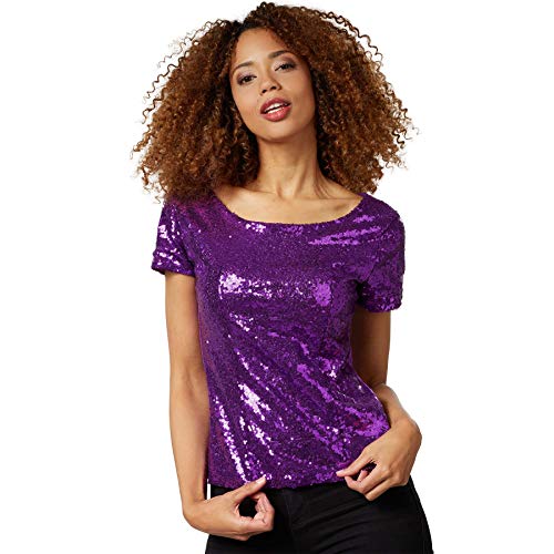 dressforfun 901013 Damen Pailletten Top, Glitzer Kurzarm Oberteil, lila - Diverse Größen - (XL) von dressforfun