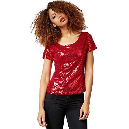 dressforfun 901013 Damen Pailletten Top, Glitzer Kurzarm Oberteil, rot - Diverse Größen - (M | Nr. 303727) von dressforfun