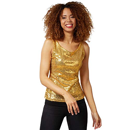 dressforfun 901014 Damen Pailletten Top, Glitzer Sparkle Trägershirt, Gold - Diverse Größen - (L | Nr. 303743) von dressforfun