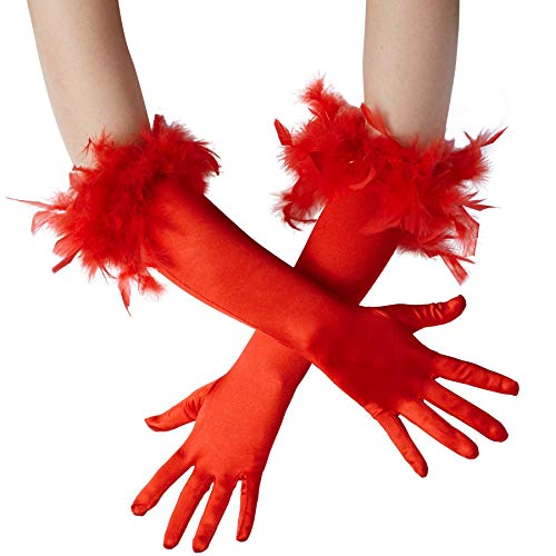 dressforfun 901030 Damen Handschuhe mit Federn, elegante Opern Federhandschuhe, Fasching Karneval - diverse Farben - (Rot | Nr. 304592) von dressforfun