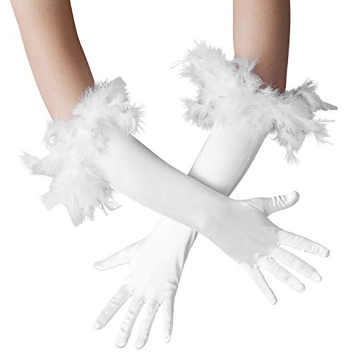 dressforfun 901030 Damen Handschuhe mit Federn, elegante Opern Federhandschuhe, Fasching Karneval - diverse Farben - (Weiß | Nr. 304588) von dressforfun