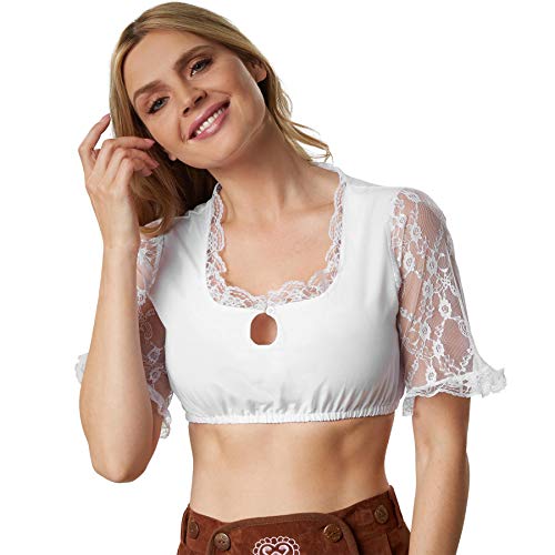 dressforfun Dirndlbluse Spitze, Trachtenbluse, Dirndl Bluse Damen, Dirndlbluse zum Knöpfen mit Tropfen Ausschnitt und Rüschen, weiße Bluse kurz, Trachtenmode Damen - (XL | Nr. 303073) von dressforfun