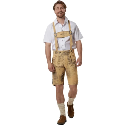 dressforfun Trachtenhose kurz, vegane Lederhose Herren, Trachtenlederhosen für Herren aus Kunstleder, Oktoberfest Hose mit Hosenträger, Trachten Optik mit traditioneller Stickerei - antikbraun, 48 von dressforfun