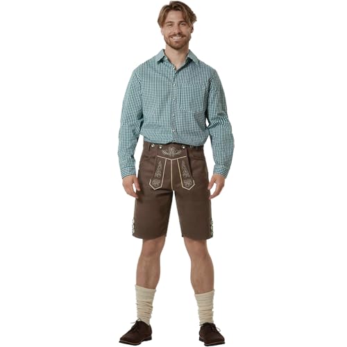 dressforfun Trachtenhose kurz, vegane Lederhose Herren, Trachtenlederhosen für Herren aus Kunstleder, Oktoberfest Hose mit Hosenträger, Trachten Optik mit traditioneller Stickerei - braun, 60 von dressforfun