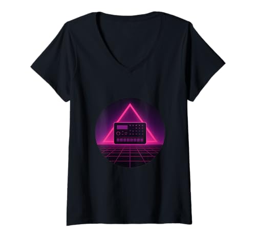 Damen Drum Machine Synthwave Triangle Graphic T-Shirt mit V-Ausschnitt von drum machine synthwave triangle retro minimal