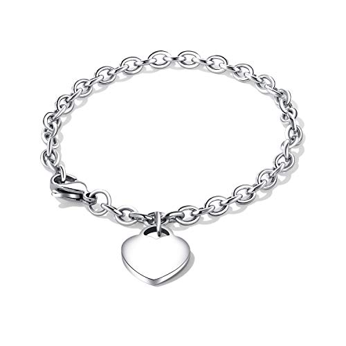 dsanbo Edelstahl Armband Herz Anhänger Armkette Panzerkette Silber Schmuck für Damen Herren von dsanbo