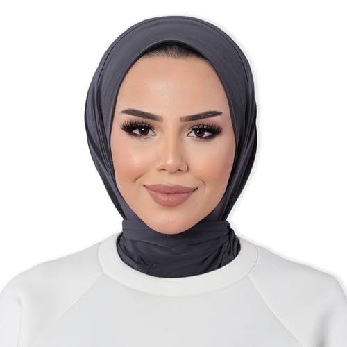 dscarf Hijab Kopftuch Damen muslimisch Stretch Full Cover Islamisch | Fertig aufgenähter Jersey-Turban | Moderne islamische Chiffon Kopftücher Premium Kopftuch (Anthrazit) von dscarf