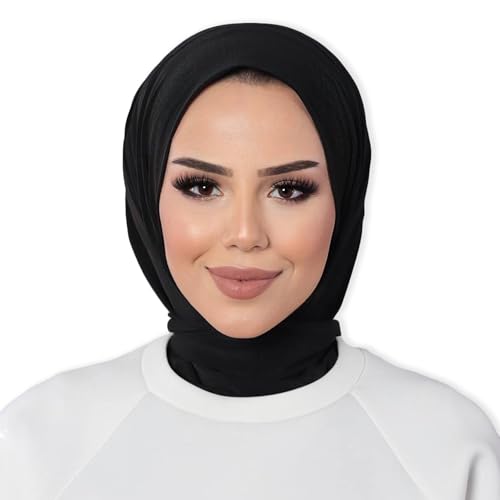 dscarf Hijab Kopftuch Damen muslimisch Stretch Full Cover Islamisch | Fertig aufgenähter Jersey-Turban | Moderne islamische Chiffon Kopftücher Premium Kopftuch (Schwarz) von dscarf