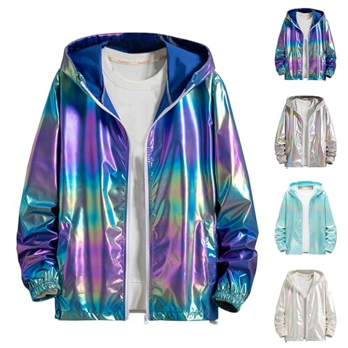 dsdgSae Herren Jacke Metallic Nightclub Jacke Bunte Glänzende Kapuzen Metallic Reißverschluss Jacke Glänzend Holographisch Kapuzen Dünne Übergangsjacke Langarm Jacke von dsdgSae